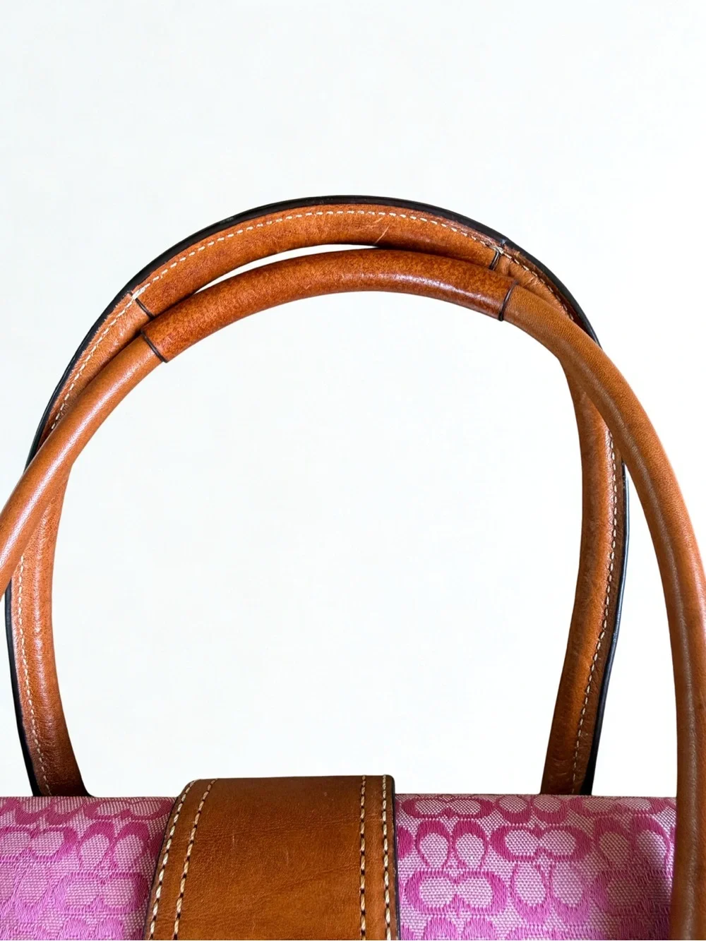 Coach Pink Canvas Satchel with Tan Leather Trim and Buckle Barbiecore